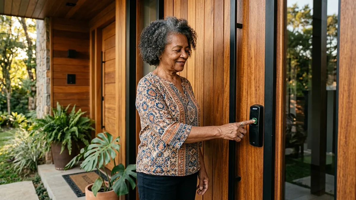 Pessoa de 55 a 70 anos abrindo a fechadura digital da porta de entrada encostando o dedo no leitor biométrico, com as duas mãos livres de sacolas