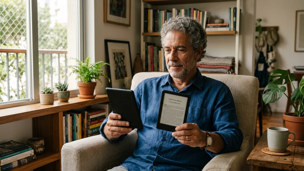 Pessoa de 55 a 70 anos lendo livro digital em e-reader confortavelmente em poltrona de sala iluminada