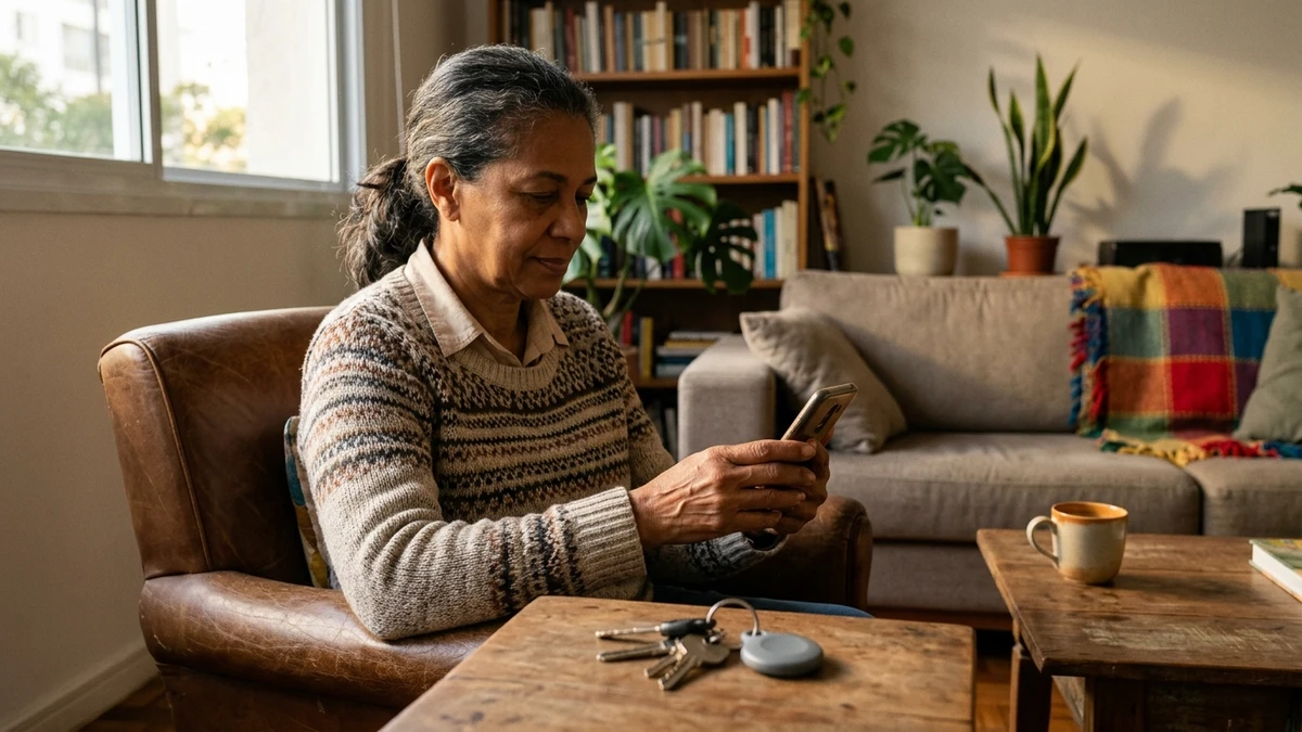 Pessoa adulta segurando um celular enquanto olha para um chaveiro com localizador sobre a mesa