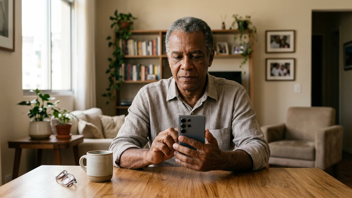 Pessoa de 55 a 70 anos em ambiente doméstico iluminado segurando smartphone de tela grande com interface simples e ícones nítidos
