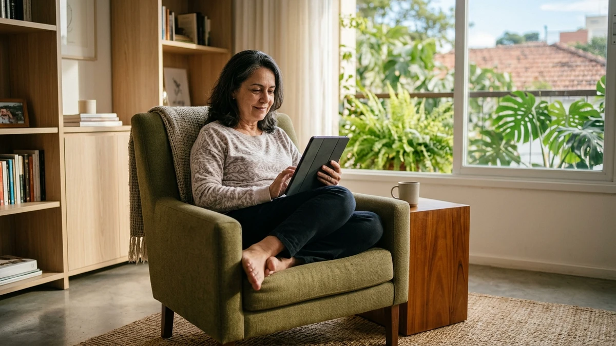 Pessoa de 65 anos lendo confortavelmente na tela grande de um tablet acomodada na poltrona da sala iluminada pela luz natural