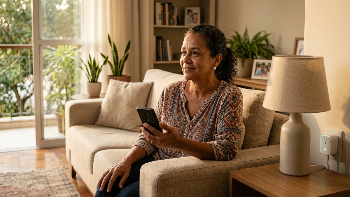 Pessoa de 55 a 70 anos sentada na sala, olhando o celular enquanto a tomada inteligente ligada ao abajur acende, em luz natural de fim de tarde
